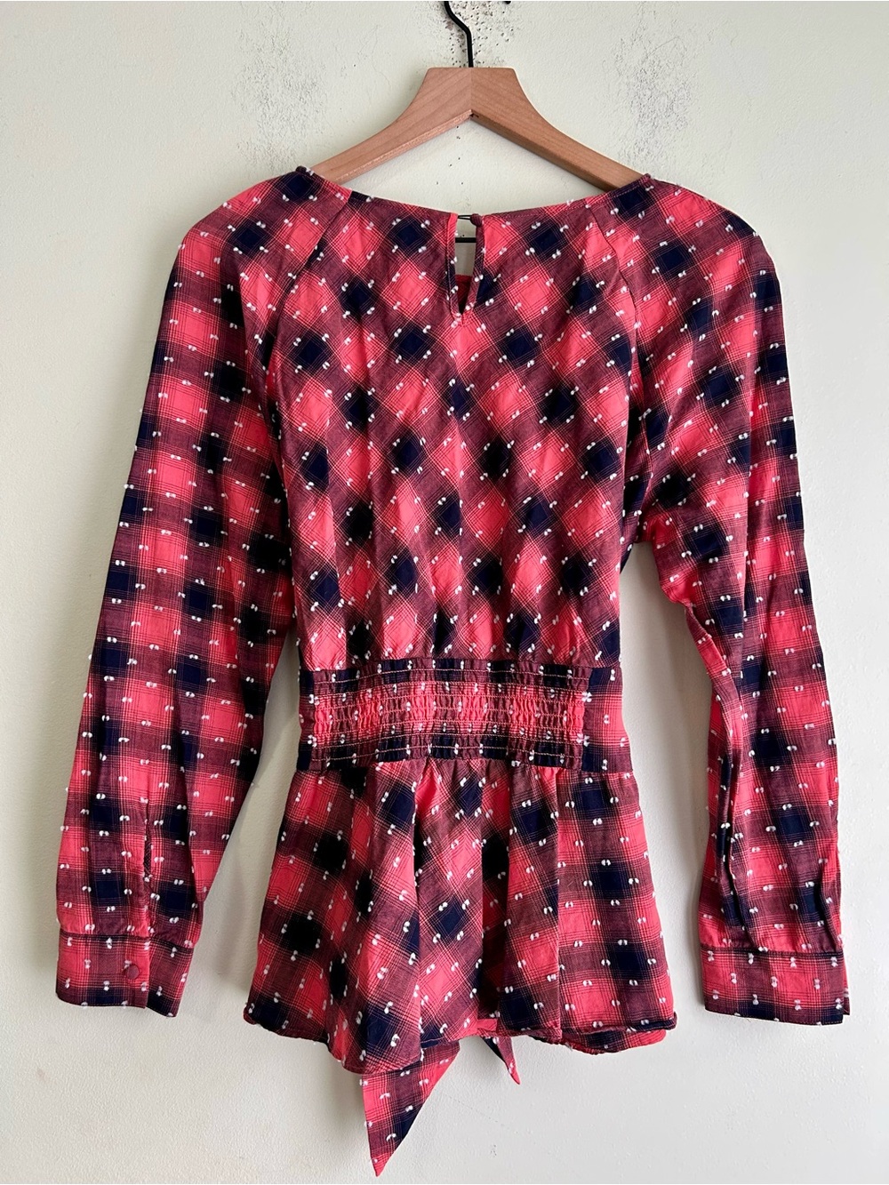 Sundance Tie Waist Peplum Long Sleeve Plaid Blouse - Picture 3 of 6